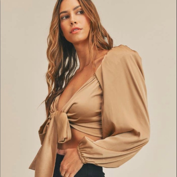 Gold satin tie front top - Picture 2 of 5